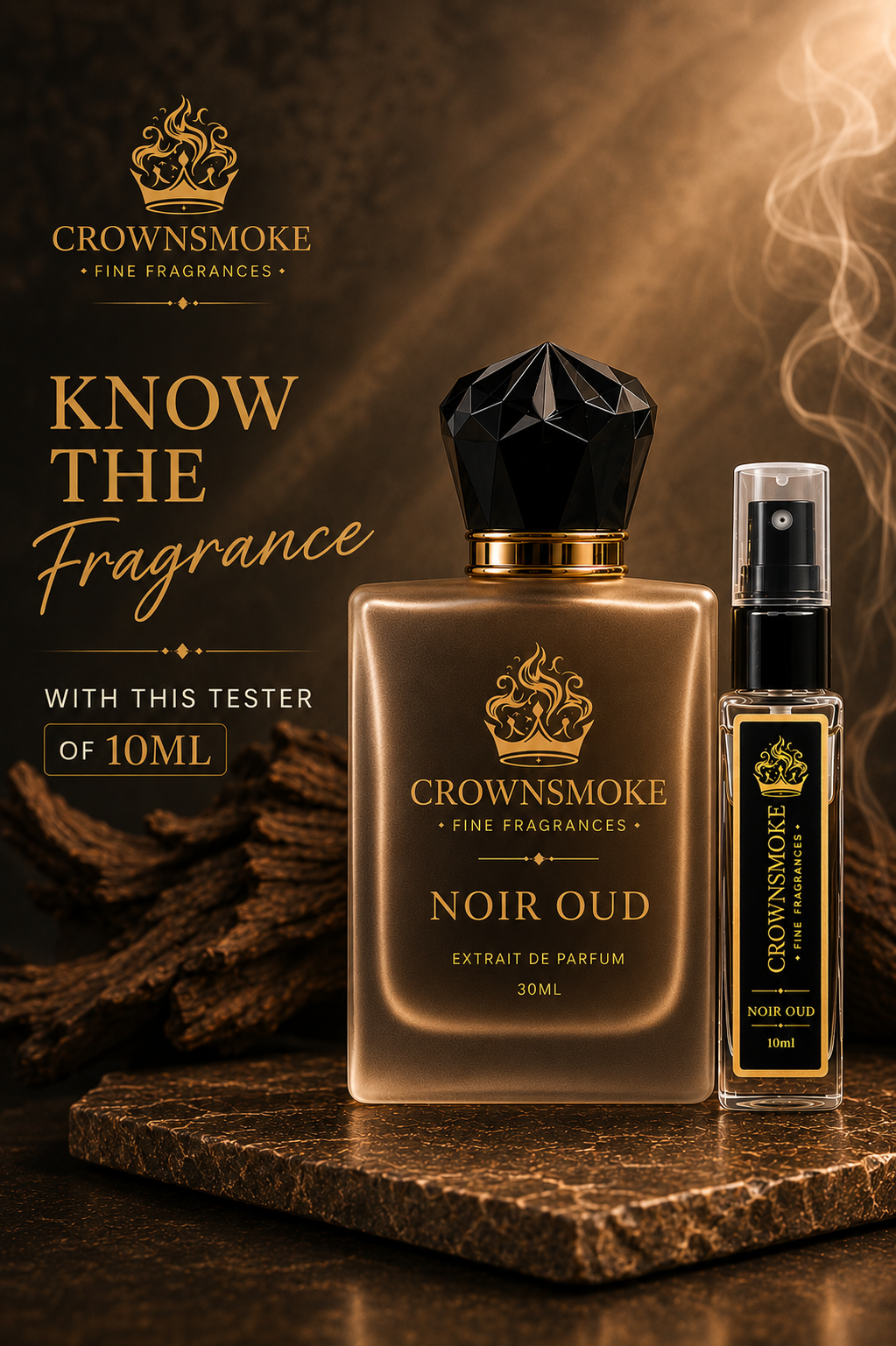 CrownSmoke Noir Oud 10ml Perfume Tester | Luxury Oud Extrait de Parfum for Men