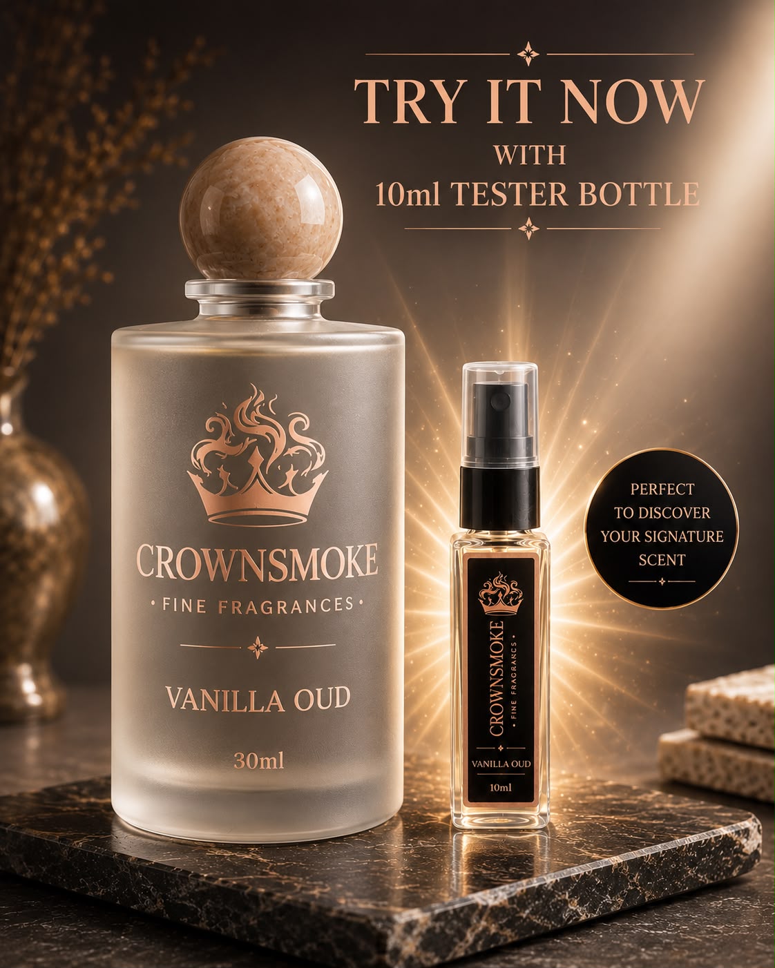 CrownSmoke Vanilla Oud 10ml Perfume Tester | Long Lasting Vanilla Oud Eau de Parfum for Men & Women | Travel Size Mini Perfume
